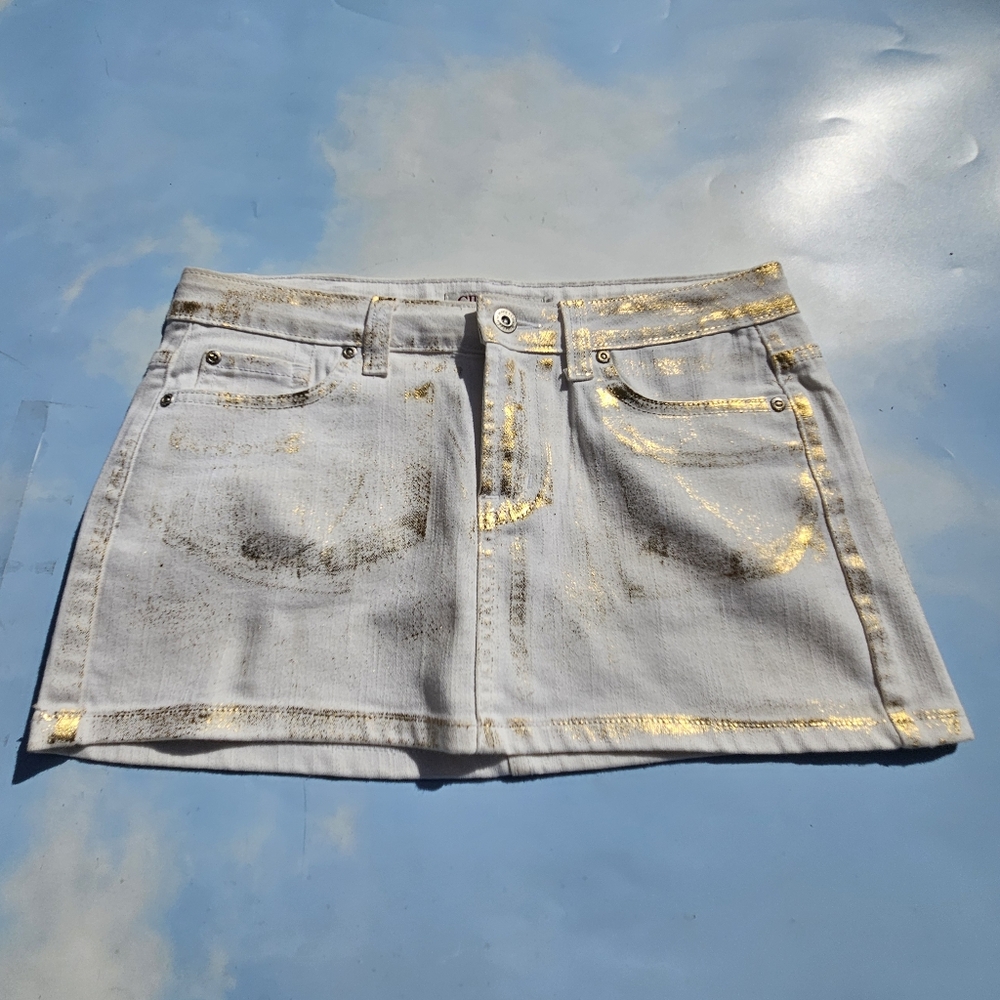 White & Gold Flake Denim Mini Skirt Y2k Mini Skirt 90s Doll Bratz